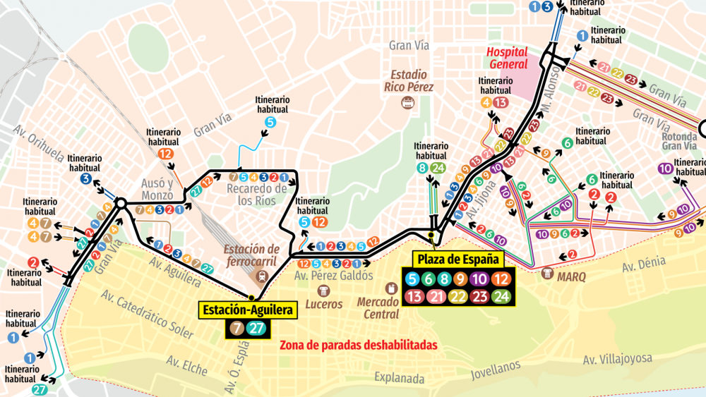 Mapa de desvíos de autobús por la Media Maratón de Alicante 2025