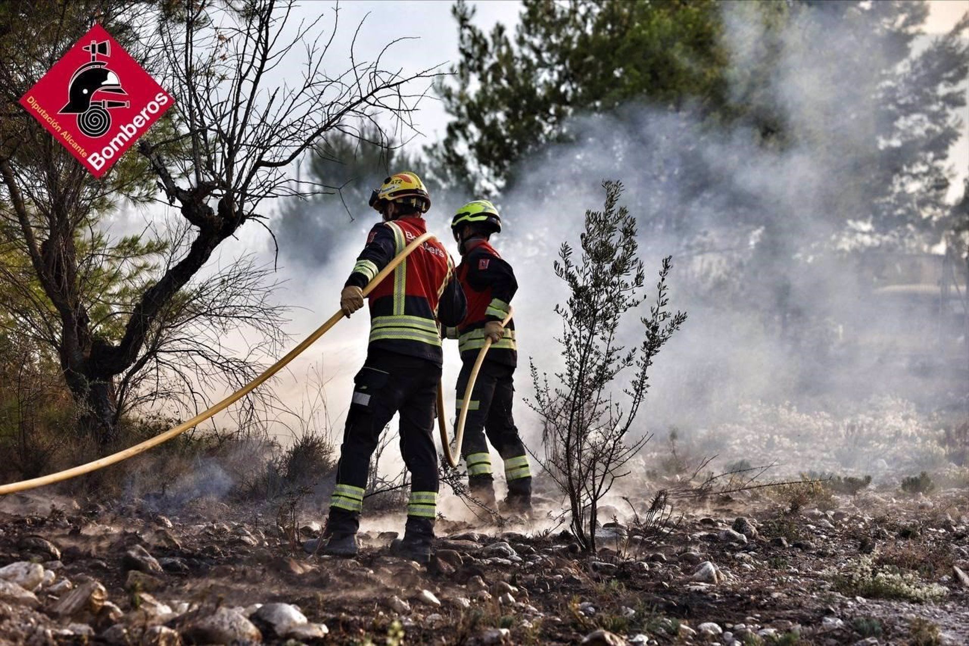 Els bombers treballen en l'extinció del foc a Benasau. Imatge: Consorci de Bombers d'Alacant