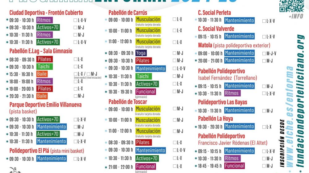 Tabla con los horario del programa 'En Forma'