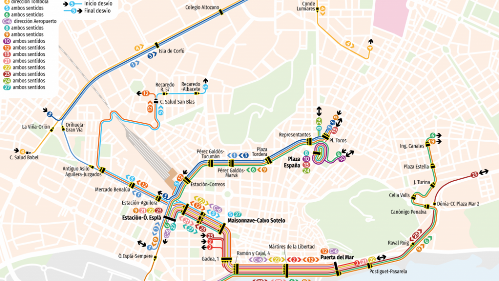 Mapa con los cambios en el recorrido del autobús por la Carrera de los Castillos de Alicante