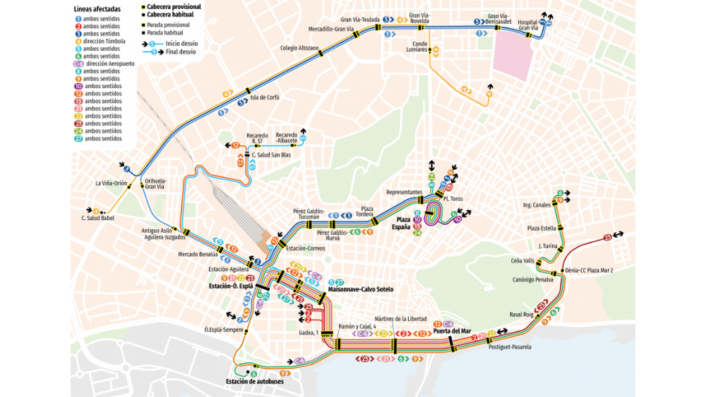 Mapa con los cambios en el recorrido del autobús por la Carrera de los Castillos de Alicante