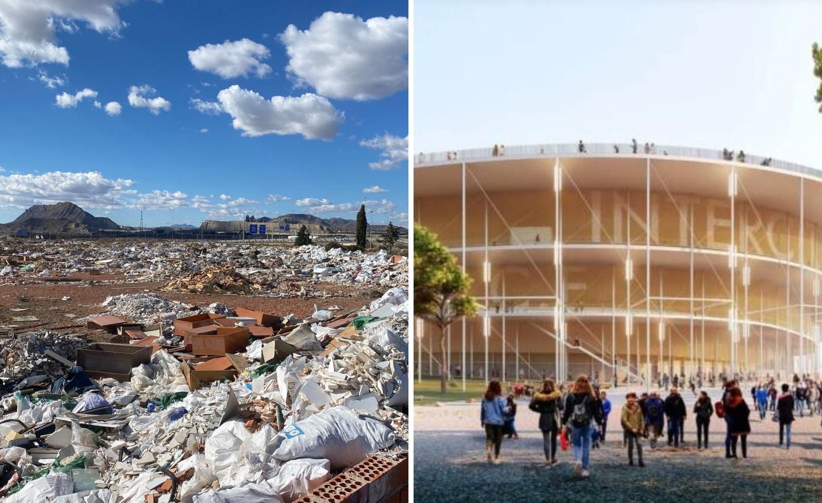 Estado actual (izquierda) y recreación del futuro estadio (derecha)