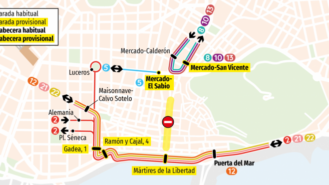 Mapa con los desvíos del autobús urbano por Carnaval