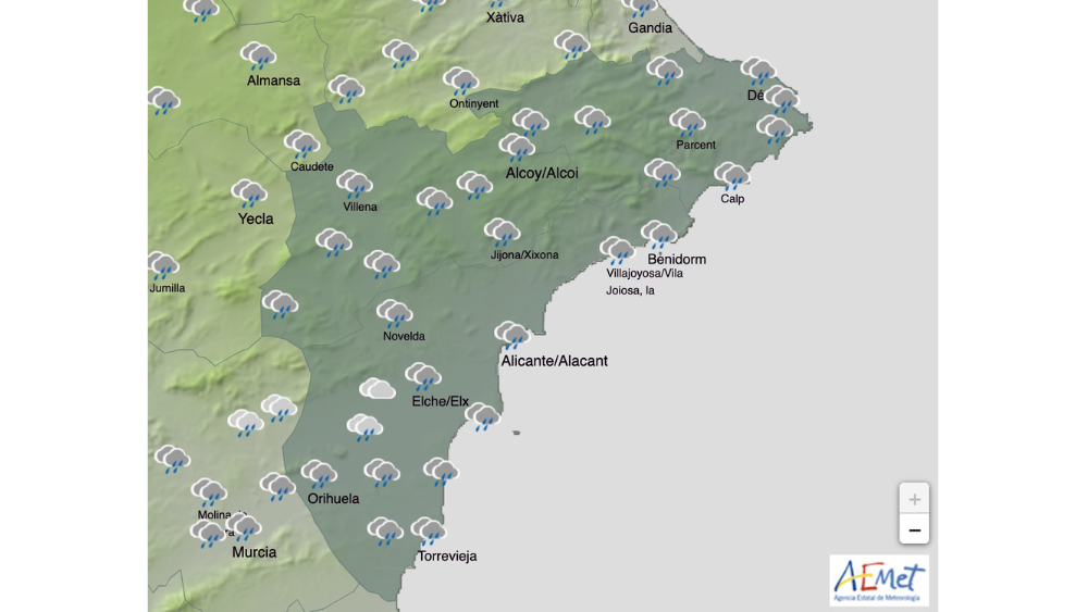 Mapa de precipitación en Alicante desde las 18h del sábado de Carnaval