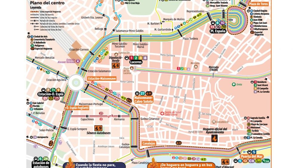 Mapa de los desvíos de Autobús en el centro de Alicante Mapa de los desvíos de Autobús en el centro de Alicante