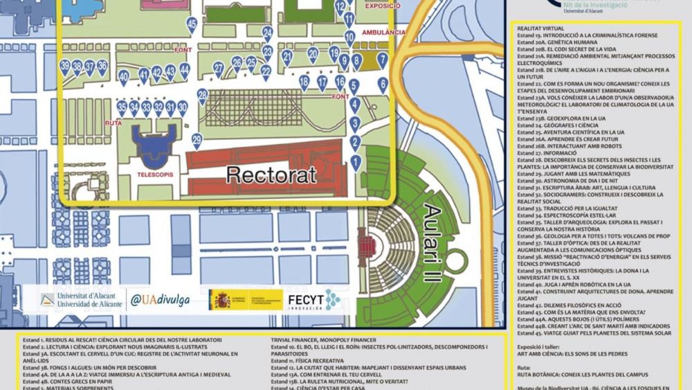 Mapa de los stands en la Nit de la Investigació UA 2025 Mapa de los stands en la Nit de la Investigació UA 2025