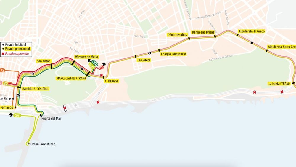 Desvíos de las líneas 2, 12, 21 y 22 del autobús en Alicante