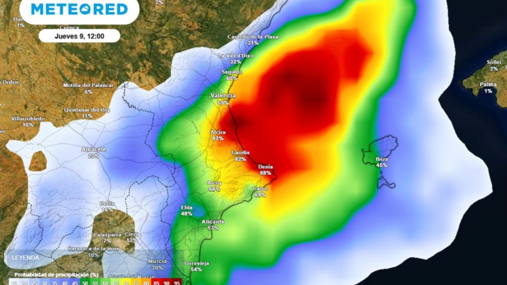 Probabilitat de pluges per la DANA Alacant el dijous 9 d'octubre (Font: Meteored) Probabilitat de pluges per la DANA Alacant el dijous 9 d'octubre (Font: Meteored)