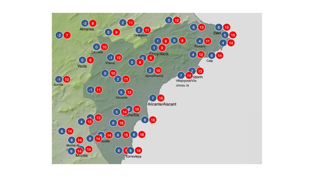 Mapa con la previsión de temperaturas en Alicante el viernes 21 de noviembre Mapa con la previsión de temperaturas en Alicante el viernes 21 de noviembre