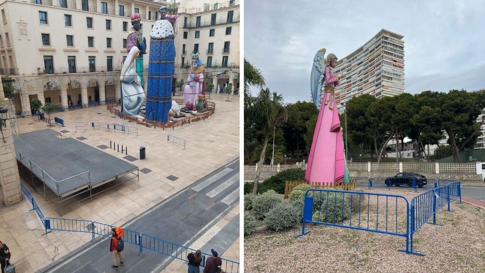 Vallado en la plaza del Ayuntamiento y en un ángel gigante de Alicante por el viento
