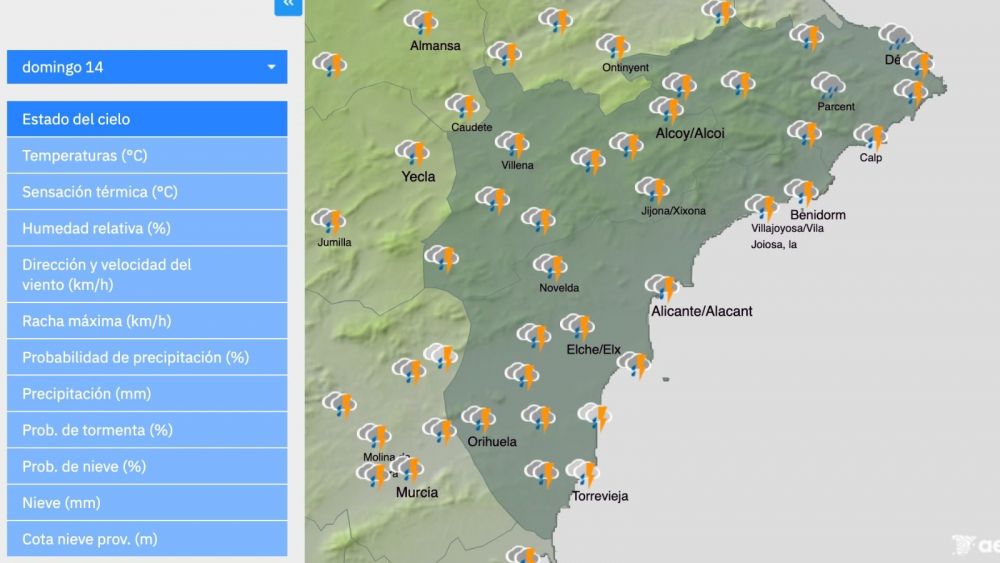 Mapa del modelo de predicción del estado del cielo en la provincia de Alicante este domingo Mapa del modelo de predicción del estado del cielo en la provincia de Alicante este domingo