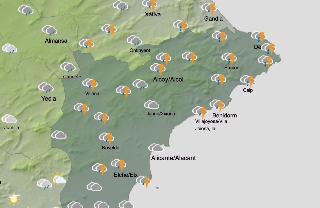 Mapa en el que s'indica l'estat del temps a Alacant este dijous 25 de desembre, Dia de Nadal