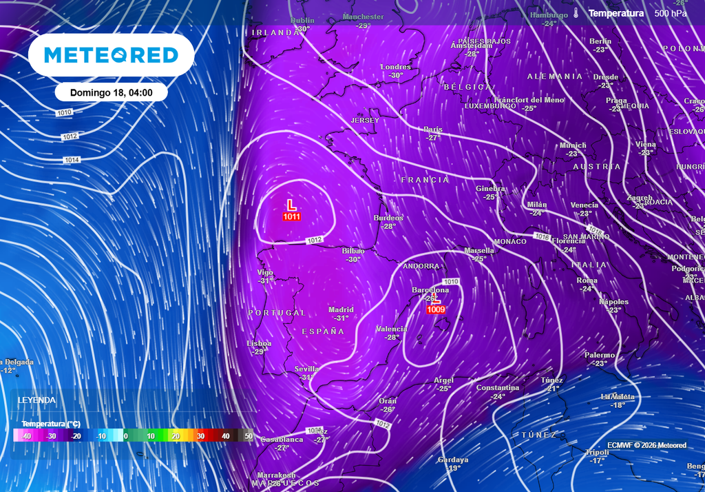 Mapa del descenso de las temperaturas en altura (Fuente: Meteored)