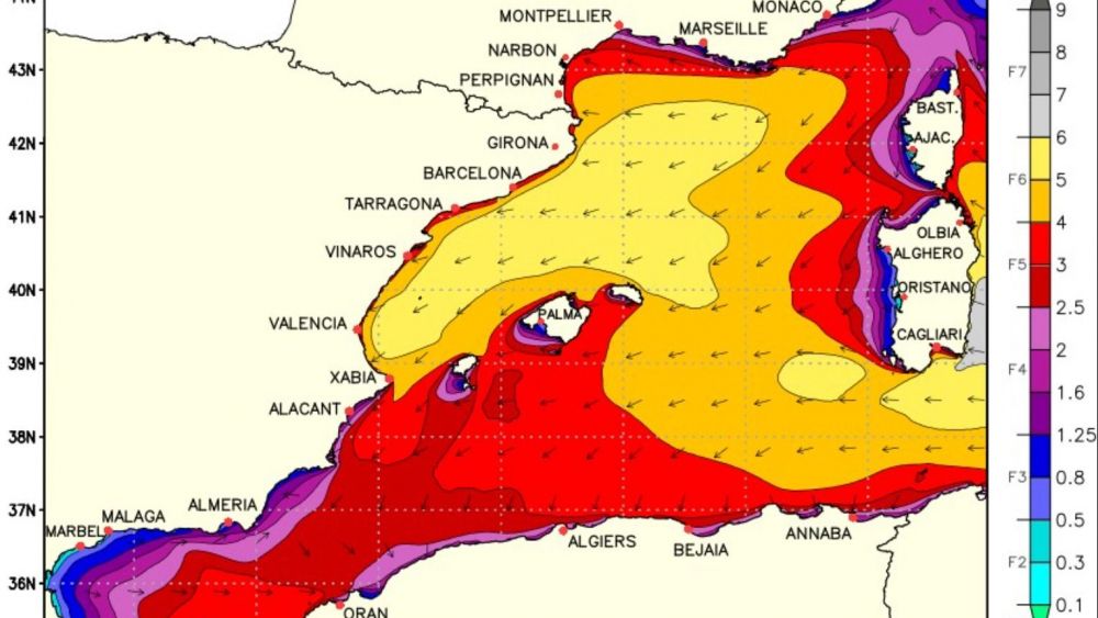 Mapa con el oleaje en la fachada mediterránea por la borrasca 'Harry'