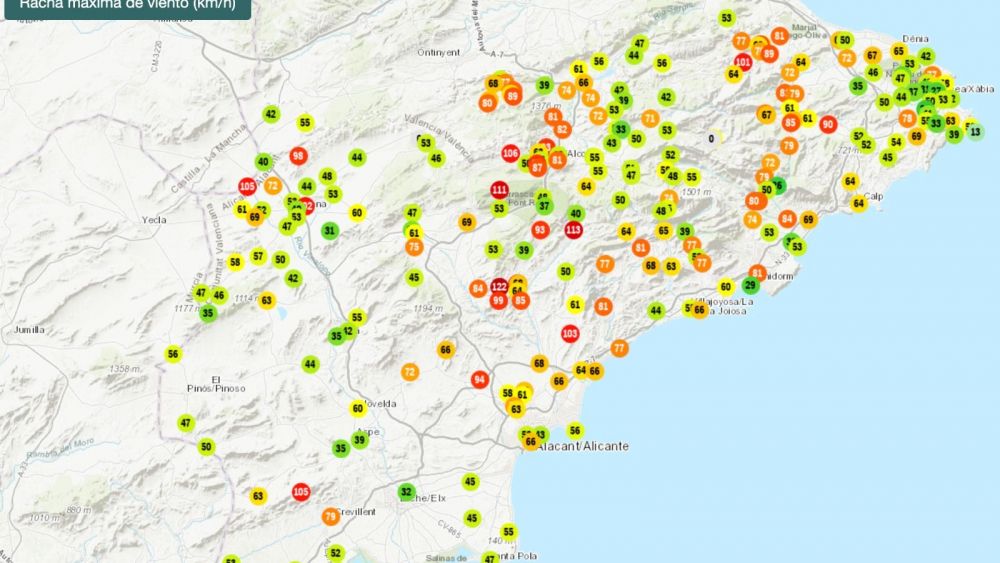 Raches màximes de vent a la província d'Alacant (Font: Avamet)