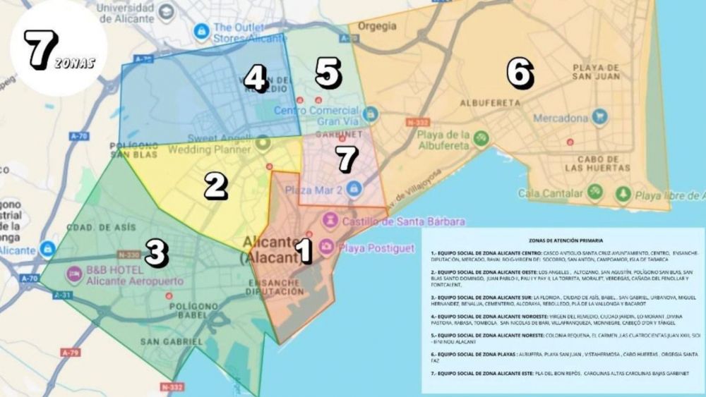Mapa en les noves zones d'atenció social a Alacant Mapa en les noves zones d'atenció social a Alacant