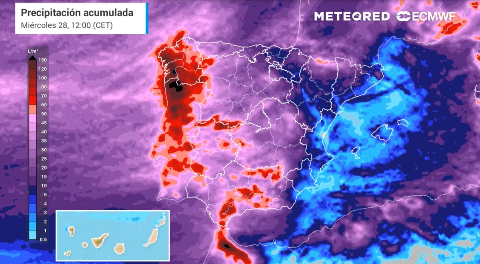 Mapa de l'acumulació de pluges en la Península Ibèrica (Font: Meteored)