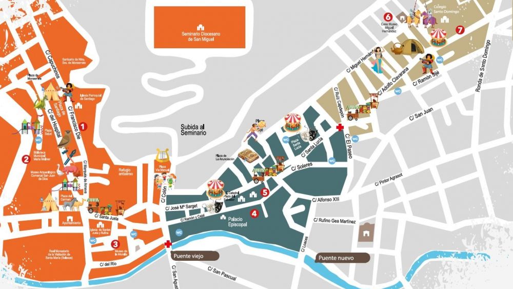 Mapa con las zonas del Mercado Medieval de Orihuela 2026