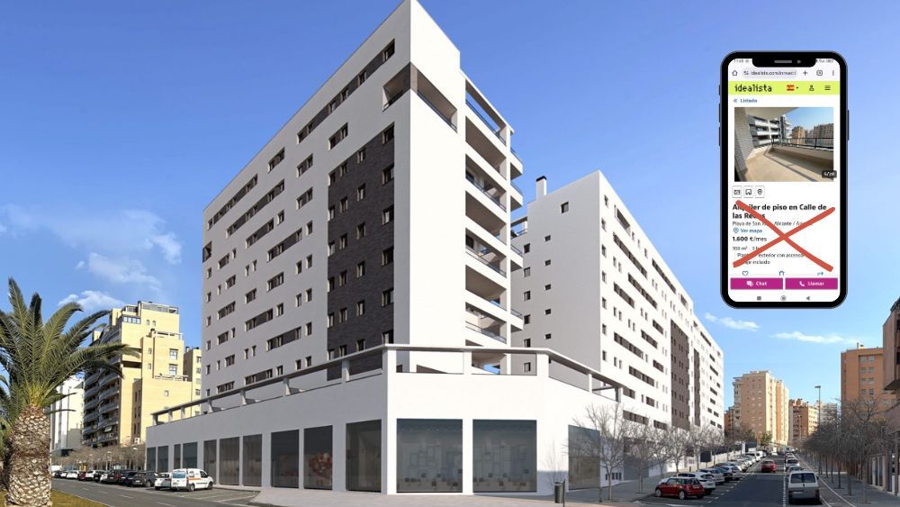 Muntatge de l'anunci d'un pis de lloguer retirat en la promoció de vivendes públiques d'Alacant Muntatge de l'anunci d'un pis de lloguer retirat en la promoció de vivendes públiques d'Alacant