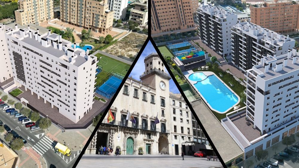 Montaje de la promoción de viviendas protegidas y la fachada del Ayuntamiento de Alicante Montaje de la promoción de viviendas protegidas y la fachada del Ayuntamiento de Alicante