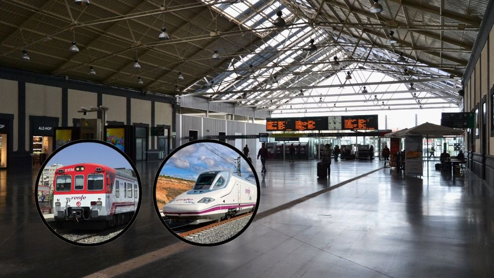 Montaje de la estación de tren de Alicante, un cercanías y un AVE