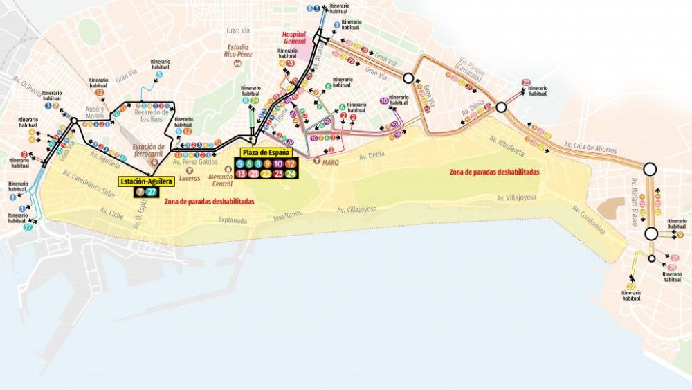Mapa de las paradas deshabilitadas de las líneas de autobús de Alicante por la Media Maratón 2026 Mapa de las paradas deshabilitadas de las líneas de autobús de Alicante por la Media Maratón 2026