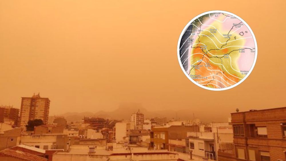 La ciutat d'Alacant embolicada en un núvol de pols sahariana (Font mapa: Meteored) La ciutat d'Alacant embolicada en un núvol de pols sahariana (Font mapa: Meteored)
