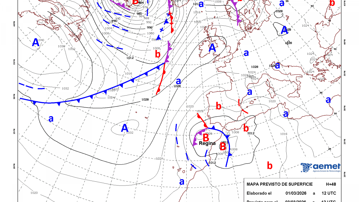 Mapa de les isòbares en la creació de la borrasca Regina (Font: Aemet) Mapa de les isòbares en la creació de la borrasca Regina (Font: Aemet)