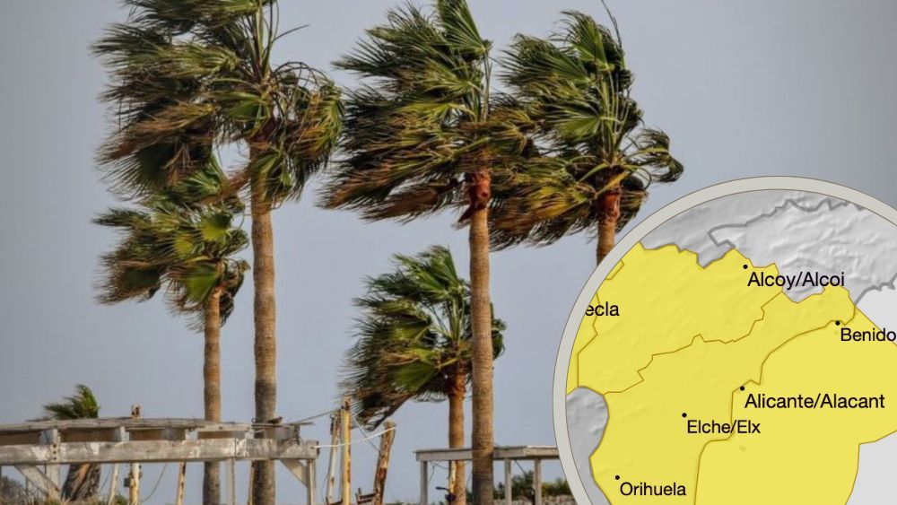 Mapa de l'alerta groga per vent a Alacant per la borrasca Regina Mapa de l'alerta groga per vent a Alacant per la borrasca Regina