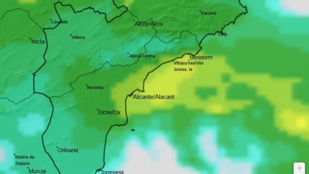 Mapa de la previsió de pluja acumulada este dijous en Alacant (Font: Aemet) Mapa de la previsió de pluja acumulada este dijous en Alacant (Font: Aemet)