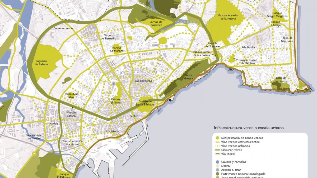 Mapa del corredor verd d'Alacant projectat en el Pla General