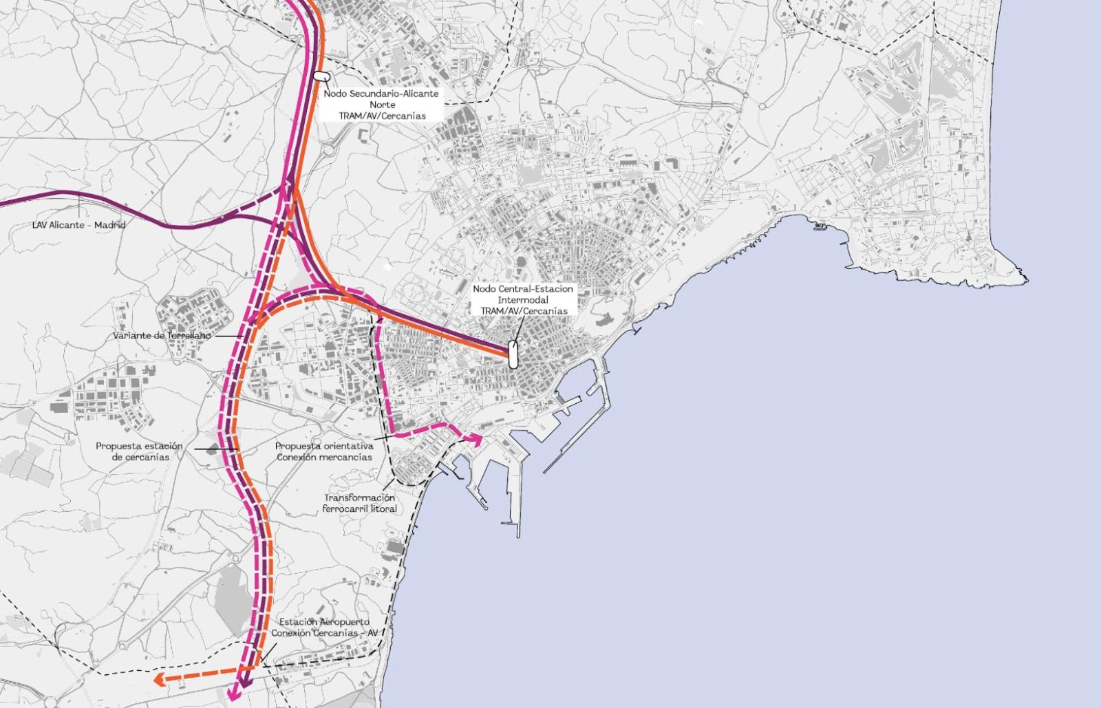 Mapa de la red ferroviaria de Alicante planteada en el Plan General Mapa de la red ferroviaria de Alicante planteada en el Plan General