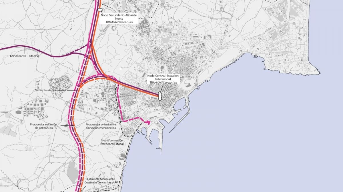 Mapa de la xarxa ferroviària d'Alacant plantejada en el Pla General