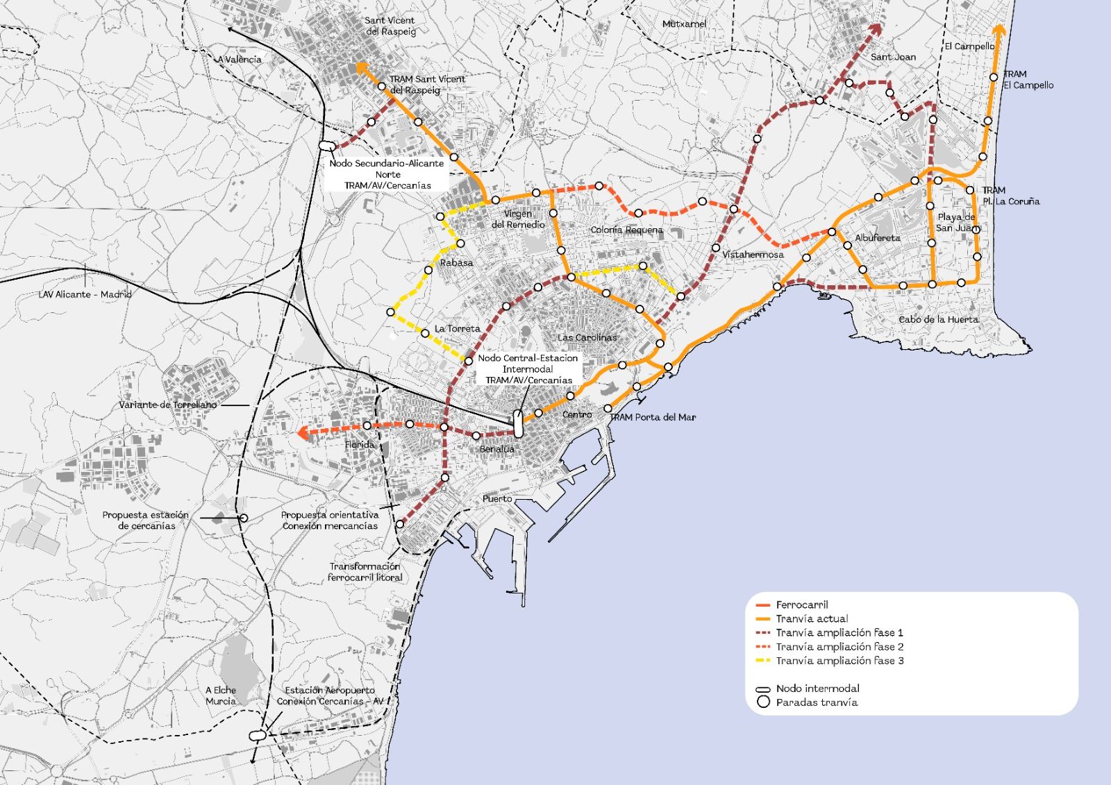 Mapa de la futura red del TRAM en Alicante Mapa de la futura red del TRAM en Alicante
