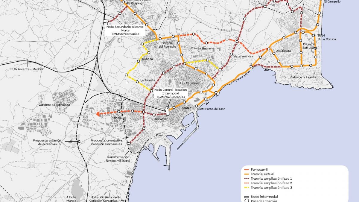 Mapa de la futura xarxa del TRAM en Alacant 