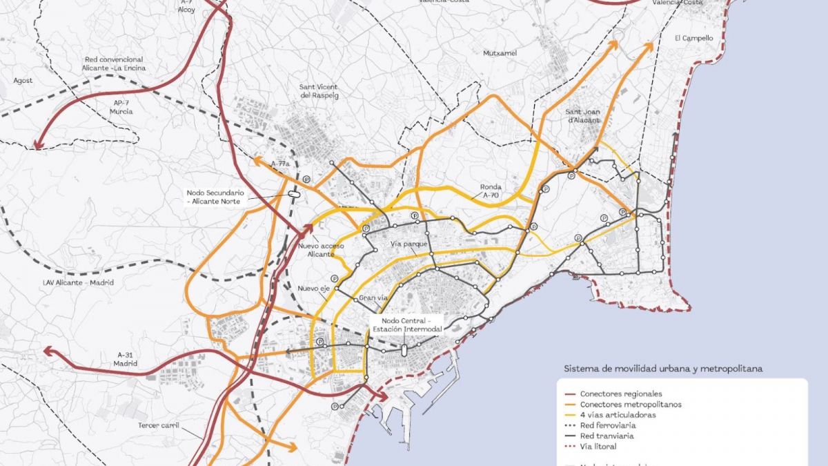 Mapa de la mobilitat a Alacant del PGE amb la ubicació dels aparcaments dissuasius
