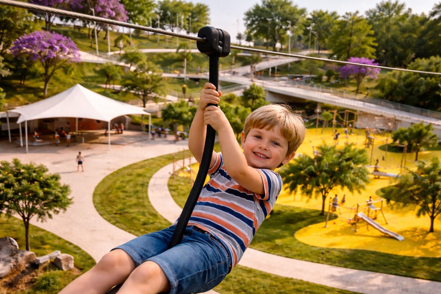 Un xiquet en la nova tirolina d'Alacant al parc de La Torreta (recreació feta amb IA) Un xiquet en la nova tirolina d'Alacant al parc de La Torreta (recreació feta amb IA)