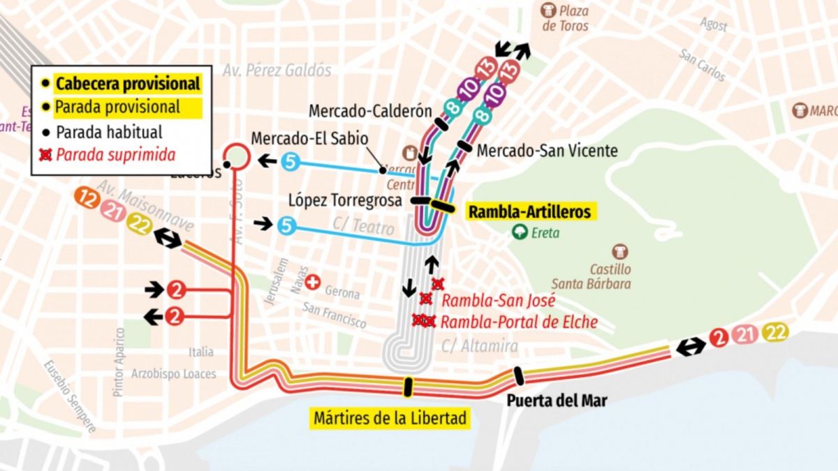 Mapa dels desviaments d'autobús en Alacant en Setmana Santa Mapa dels desviaments d'autobús en Alacant en Setmana Santa