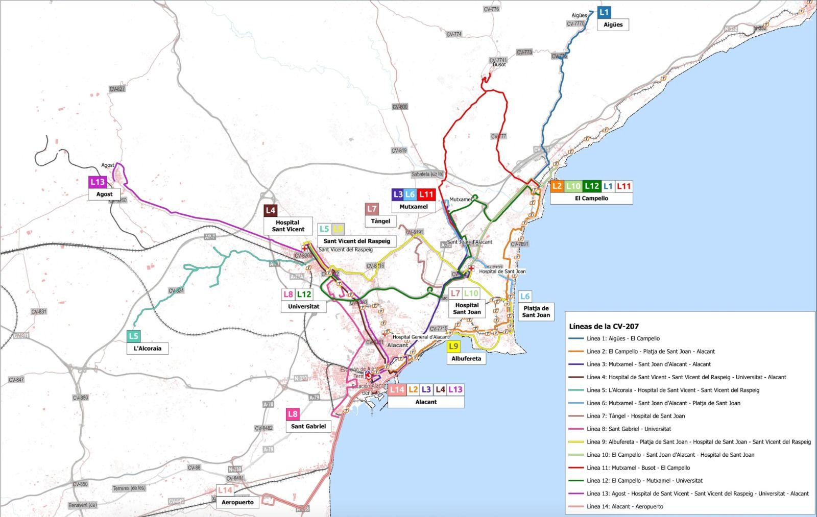 Mapa de les noves línies de l'autobús interurbà d'Alacant en el contracte CV207