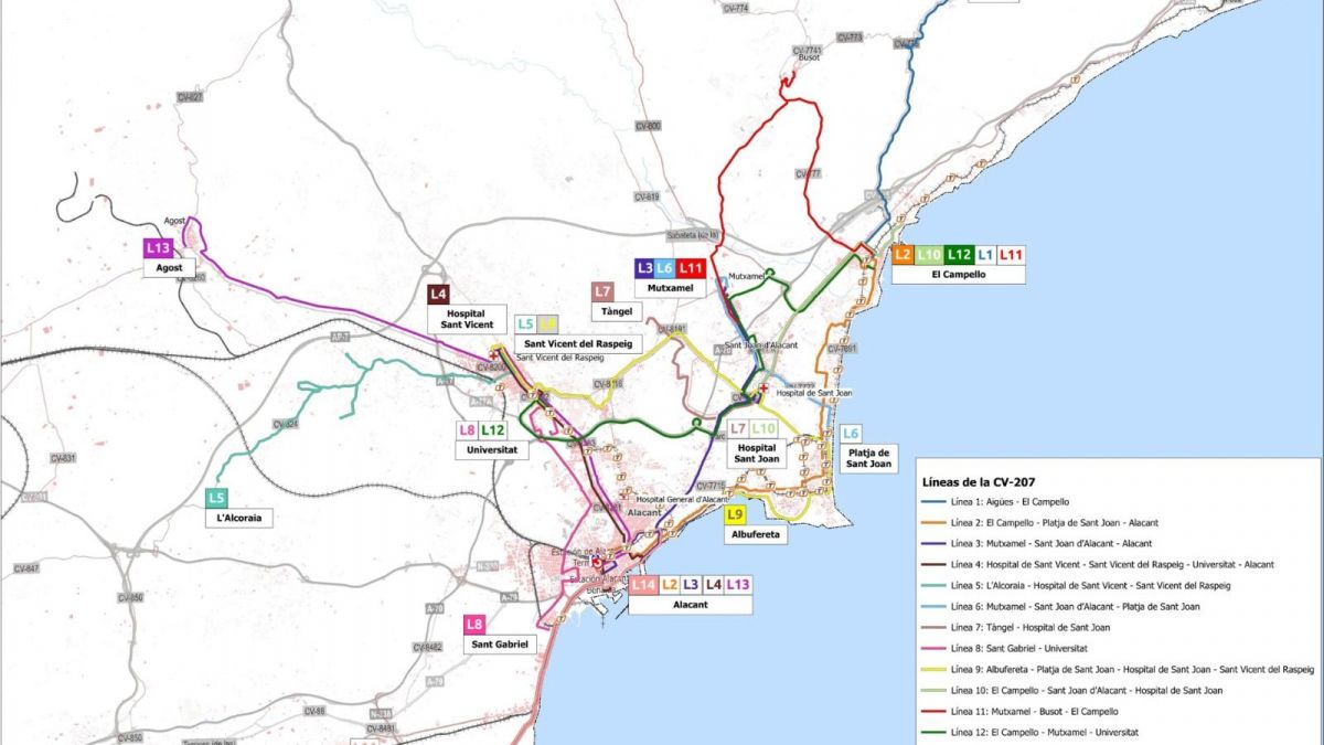 Mapa de las nuevas líneas del autobús interurbano de Alicante en el contrato CV207