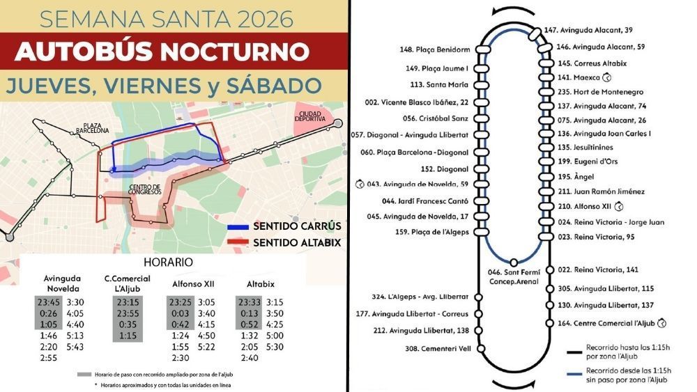 Mapa i horaris de l'autobús nocturn d'Elx per Setmana Santa