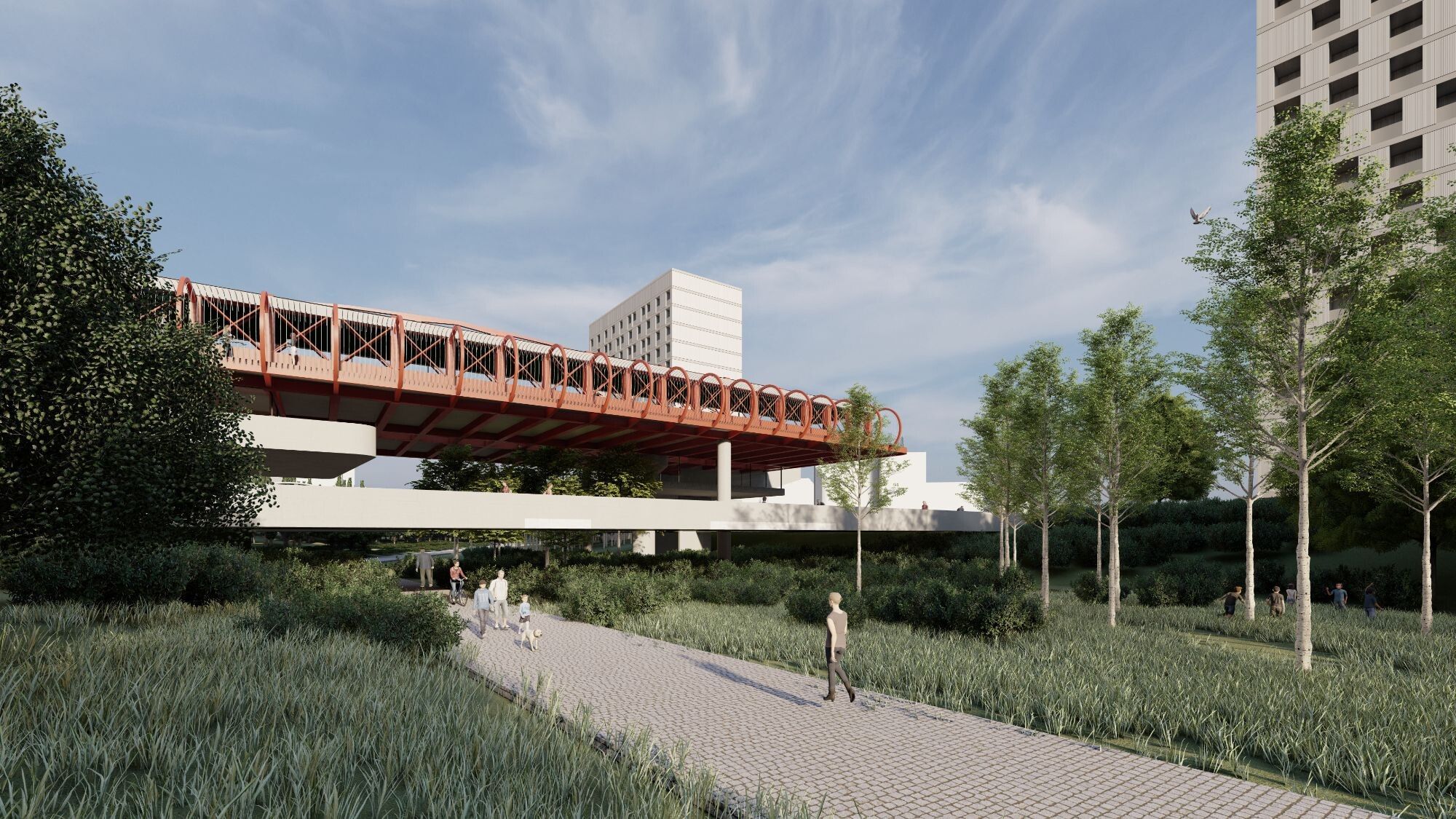 El puente rojo se mantiene como elemento en el Parque Central