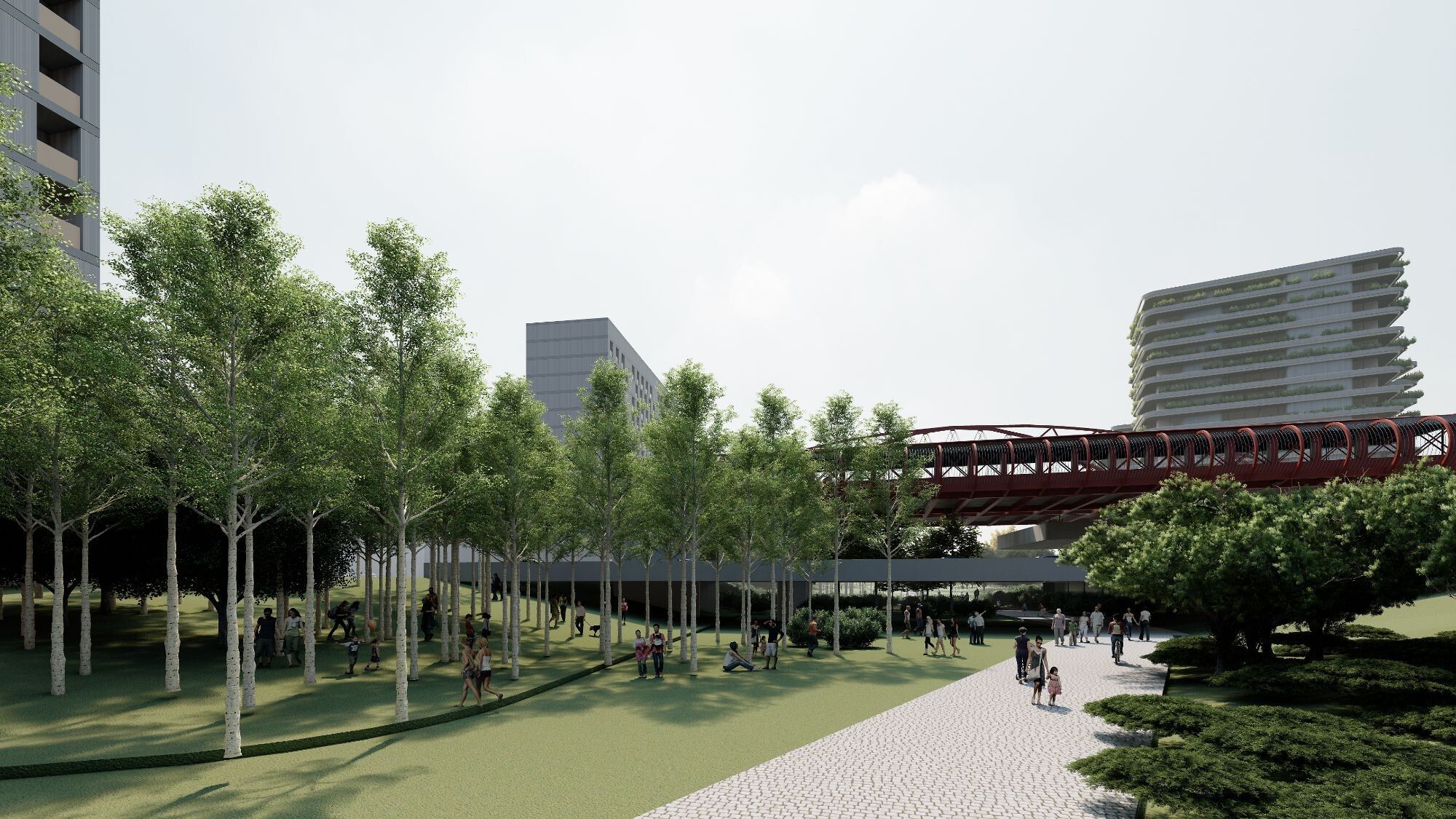 Zona peatonal del Parque Central de Alicante junto al puente rojo