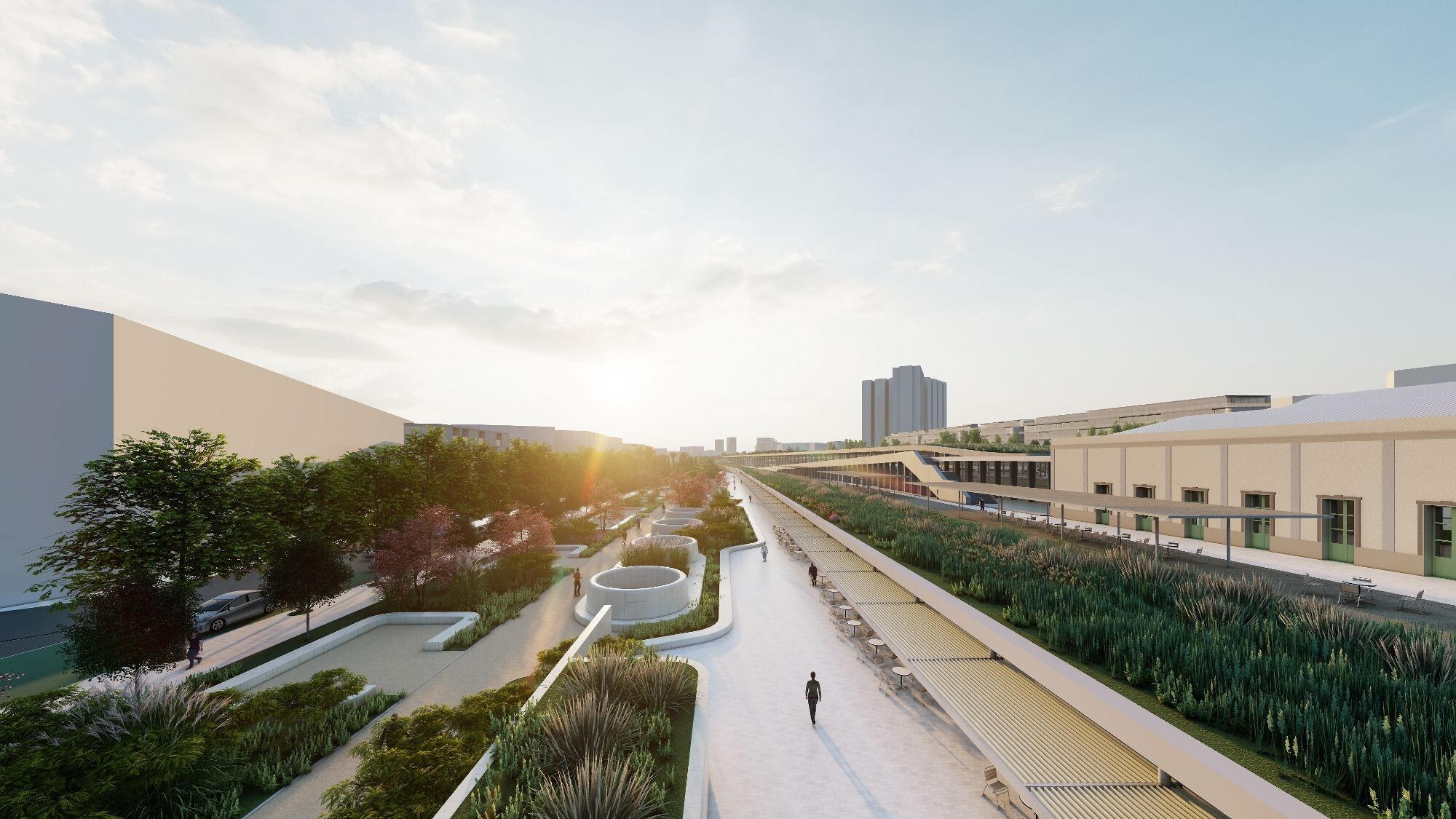 Zona peatonal junto a la estación del tren en el Parque Central de Alicante