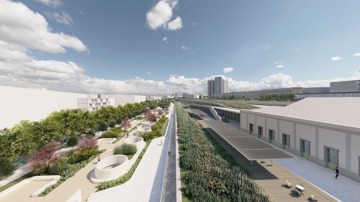 Zona verda i de vianants en el disseny del Parc Central al costat de l'estació Zona verda i de vianants en el disseny del Parc Central al costat de l'estació