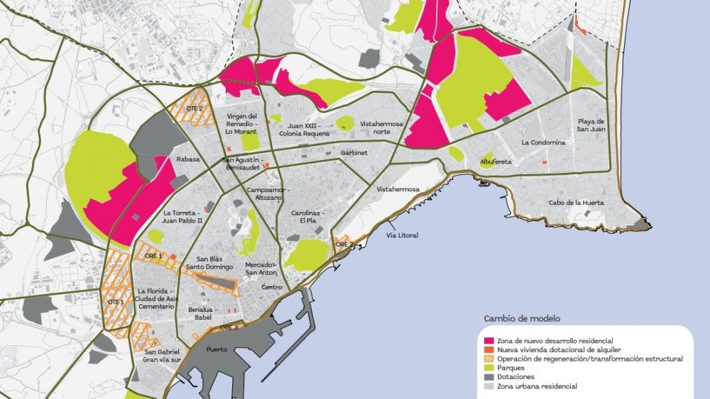 Mapa de nuevo barrios y zonas verdes en Alicante