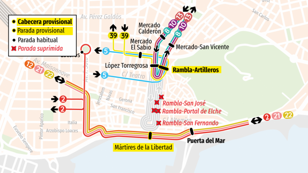 Desviaments d'autobusos per la Gala de Candidates en Alacant