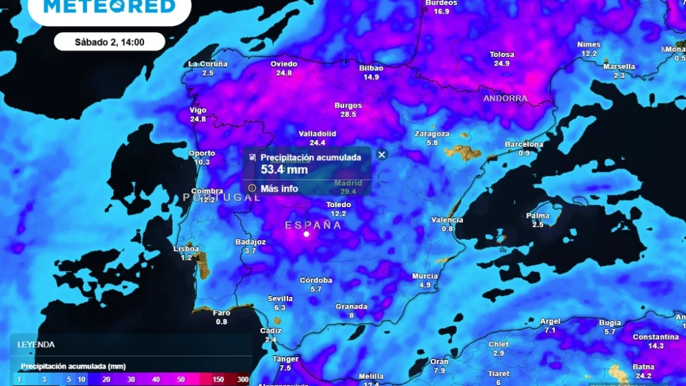 Previsión de precipitación acumulada hasta el sábado 2 de mayo (Fuente: Meteored)