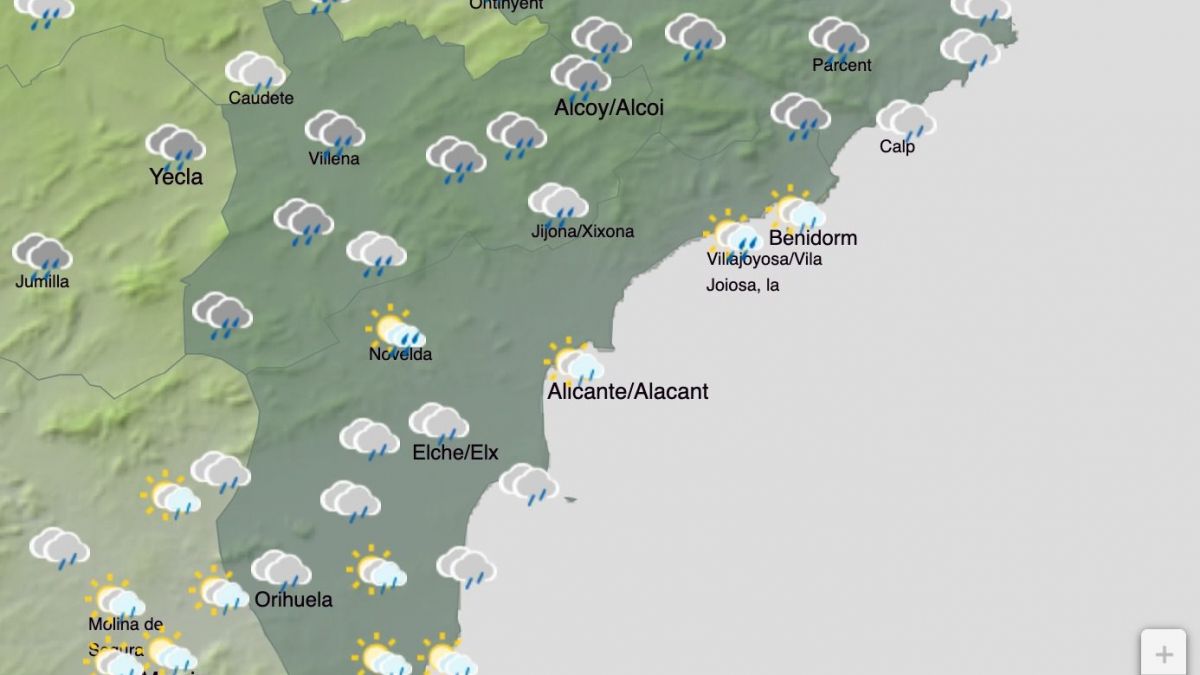 Mapa con la previsión del tiempo en Alicante el viernes 1 de mayo (Fuente: AEMET)