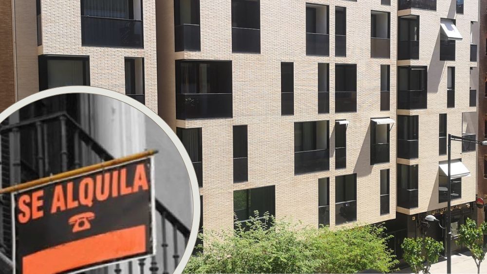 Un bloc de vivendes en Alacant junt amb un cartell de lloguer